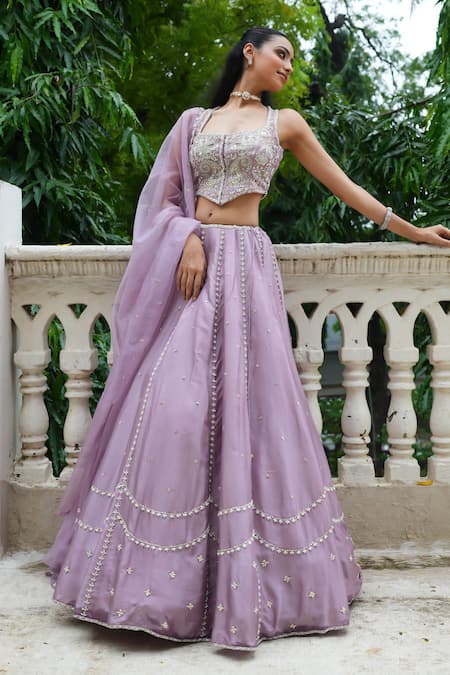 Enamour By Radha_Purple Silk, Organza Pearls, Sequins, Beads, Heavy Blouse Lehenga Set _at_Aza_Fashions