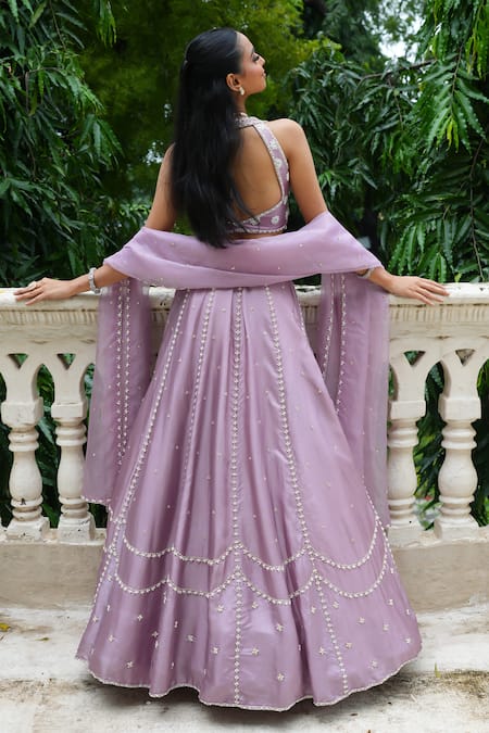 Buy_Enamour By Radha_Purple Silk, Organza Pearls, Sequins, Beads, Heavy Blouse Lehenga Set 