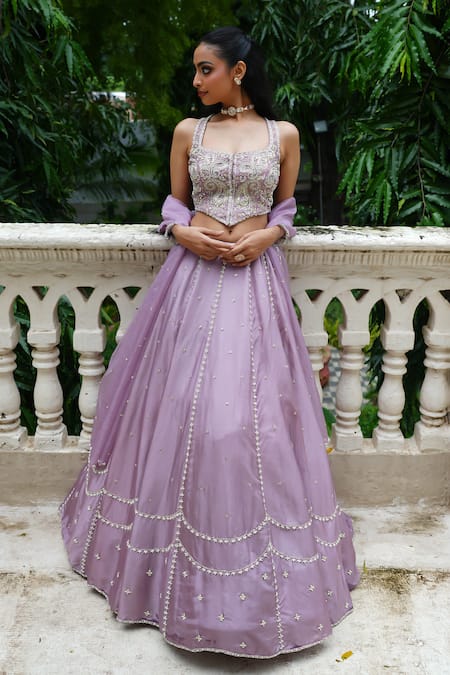 Shop_Enamour By Radha_Purple Silk, Organza Pearls, Sequins, Beads, Heavy Blouse Lehenga Set 