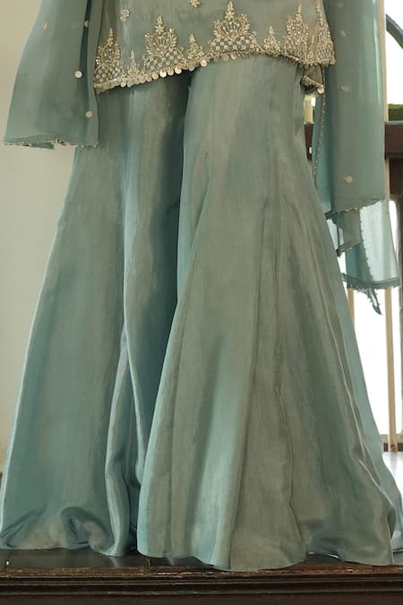 Enamour By Radha_Blue Silk, Tissue Pearls, Beads, Zari, Embroidery V-neck Kurta Sharara Set _Online_at_Aza_Fashions