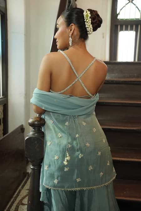 Buy_Enamour By Radha_Blue Silk, Tissue Pearls, Beads, Zari, Embroidery V-neck Kurta Sharara Set _Online_at_Aza_Fashions