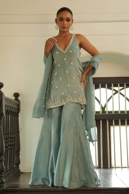 Shop_Enamour By Radha_Blue Silk, Tissue Pearls, Beads, Zari, Embroidery V-neck Kurta Sharara Set _Online_at_Aza_Fashions