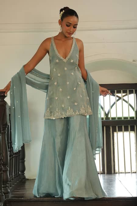 Enamour By Radha_Blue Silk, Tissue Pearls, Beads, Zari, Embroidery V-neck Kurta Sharara Set _at_Aza_Fashions