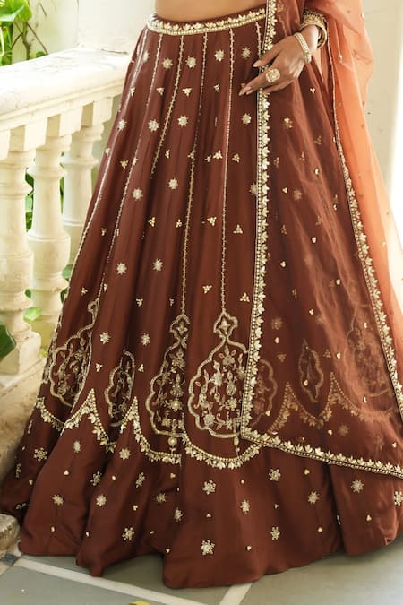 Buy_Enamour By Radha_Chocolate Silk, Organza Beads, Pearls, Zari, Embroidery Brown Lehenga Set _Online_at_Aza_Fashions