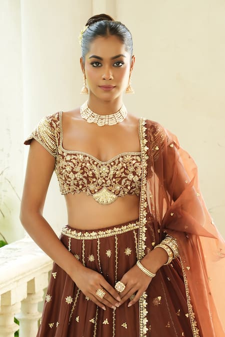 Shop_Enamour By Radha_Chocolate Silk, Organza Beads, Pearls, Zari, Embroidery Brown Lehenga Set _Online_at_Aza_Fashions