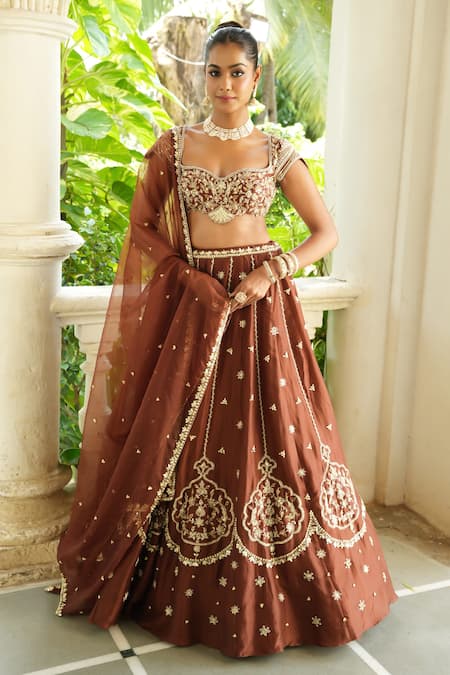 Buy_Enamour By Radha_Chocolate Silk, Organza Beads, Pearls, Zari, Embroidery Brown Lehenga Set 