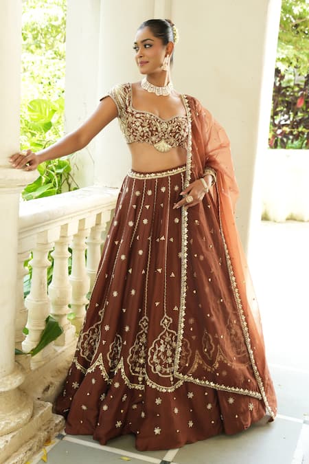 Shop_Enamour By Radha_Chocolate Silk, Organza Beads, Pearls, Zari, Embroidery Brown Lehenga Set 