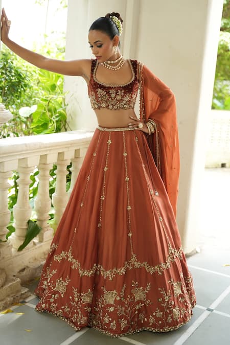 Enamour By Radha_Rust Silk, Velvet, Tissue Embroidery, Beads, Sequins, Mitti Floral Lehenga Set _Online_at_Aza_Fashions