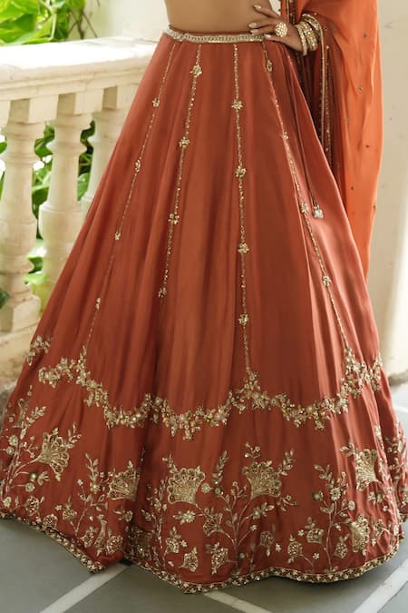Buy_Enamour By Radha_Rust Silk, Velvet, Tissue Embroidery, Beads, Sequins, Mitti Floral Lehenga Set _Online_at_Aza_Fashions