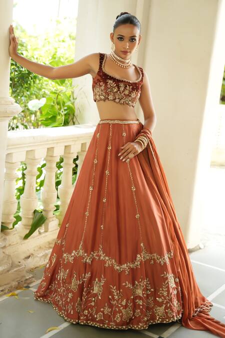 Shop_Enamour By Radha_Rust Silk, Velvet, Tissue Embroidery, Beads, Sequins, Mitti Floral Lehenga Set _Online_at_Aza_Fashions