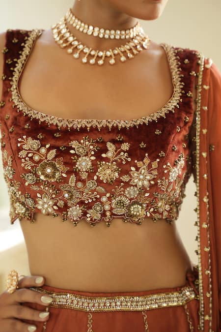 Buy_Enamour By Radha_Rust Silk, Velvet, Tissue Embroidery, Beads, Sequins, Mitti Floral Lehenga Set 