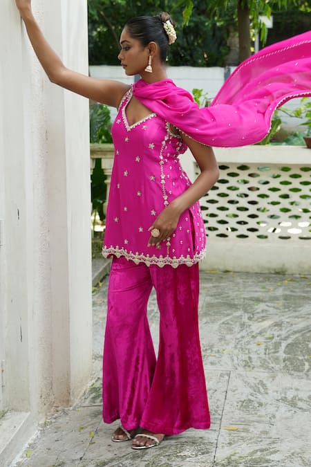 Enamour By Radha_Pink Tissue, Silk, Velvet, Chinon, Chiffon Floral Butti Gulabi Short Kurta Set _at_Aza_Fashions