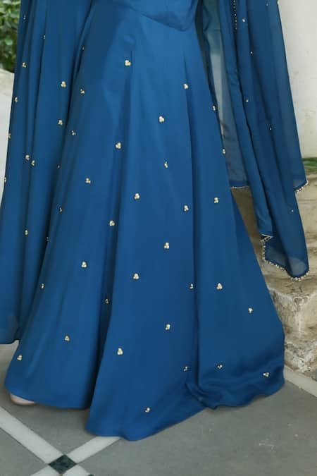 Enamour By Radha_Blue Crepe, Tissue, Silk Zari, Sequins, Pearls, Strappy Kurta Gharara Set _Online_at_Aza_Fashions