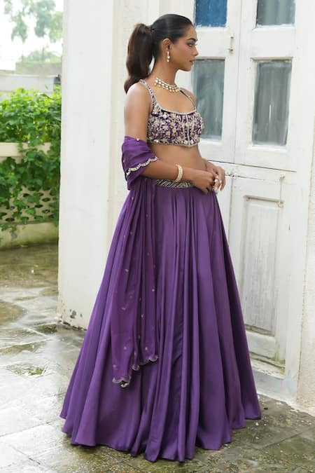 Shop_Enamour By Radha_Purple Silk, Tissue Sequins, Pearls, Zari, Beads, Floral Blouse Lehenga Set _Online_at_Aza_Fashions