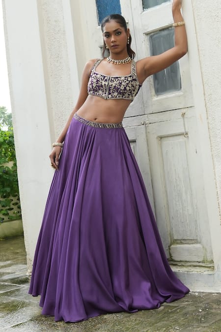 Enamour By Radha_Purple Silk, Tissue Sequins, Pearls, Zari, Beads, Floral Blouse Lehenga Set _at_Aza_Fashions
