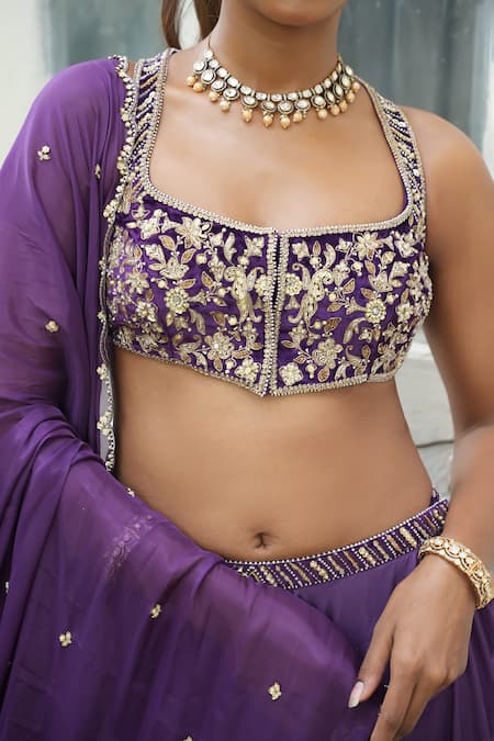 Buy_Enamour By Radha_Purple Silk, Tissue Sequins, Pearls, Zari, Beads, Floral Blouse Lehenga Set 