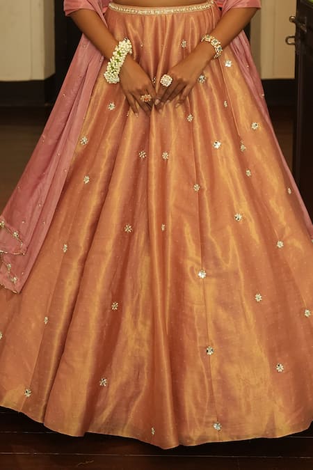 Enamour By Radha Pink Chanderi, Velvet, Tissue, Silk Sequins, Zari, Gold Self Butti Lehenga Set Online at Aza Fashions Enamour By Radha_Pink Chanderi, Velvet, Tissue, Silk Sequins, Zari, Gold Self Butti Lehenga Set _Online_at_Aza_Fashions