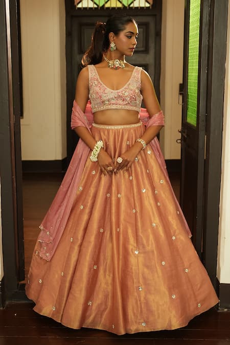 Buy_Enamour By Radha_Pink Chanderi, Velvet, Tissue, Silk Sequins, Zari, Gold Self Butti Lehenga Set _Online_at_Aza_Fashions