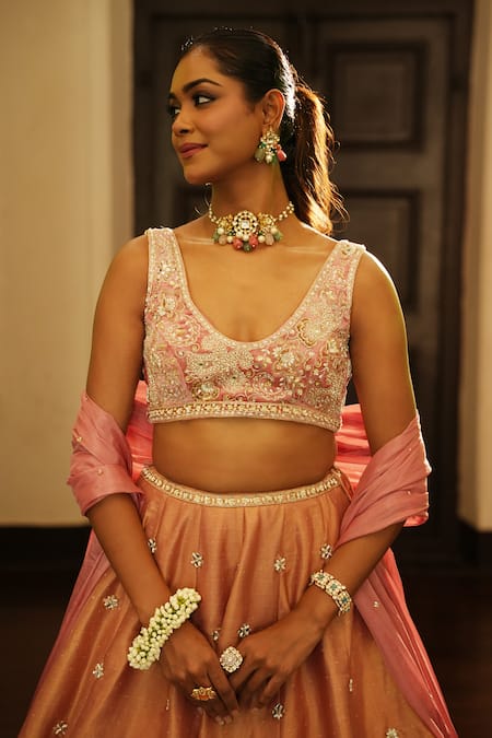 Enamour By Radha_Pink Chanderi, Velvet, Tissue, Silk Sequins, Zari, Gold Self Butti Lehenga Set _at_Aza_Fashions