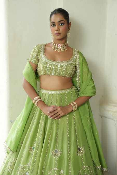 Enamour By Radha_Green Organza Sequins, Pearls, Mirrors, Beads, Zari, Embroidery Lehenga Set _Online_at_Aza_Fashions