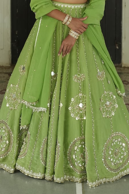 Buy_Enamour By Radha_Green Organza Sequins, Pearls, Mirrors, Beads, Zari, Embroidery Lehenga Set _Online_at_Aza_Fashions