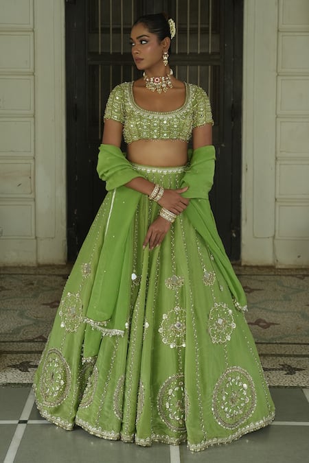 Shop_Enamour By Radha_Green Organza Sequins, Pearls, Mirrors, Beads, Zari, Embroidery Lehenga Set _Online_at_Aza_Fashions