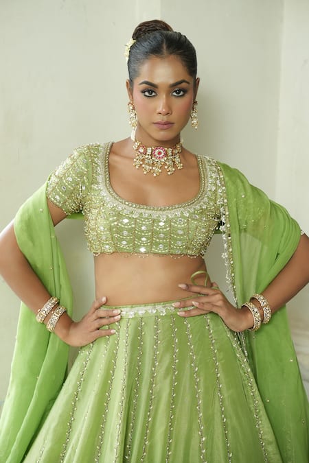 Enamour By Radha_Green Organza Sequins, Pearls, Mirrors, Beads, Zari, Embroidery Lehenga Set _at_Aza_Fashions