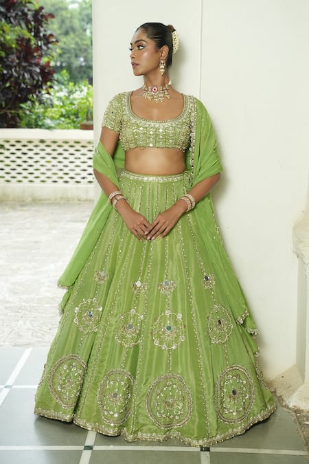 Buy_Enamour By Radha_Green Organza Sequins, Pearls, Mirrors, Beads, Zari, Embroidery Lehenga Set 