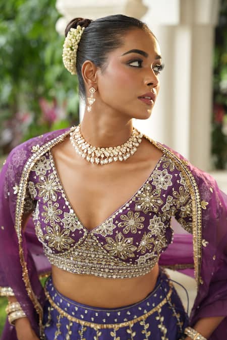 Enamour By Radha_Purple Silk, Organza Mirrors, Sequins, Beads, Embroidery, Floral Lehenga Set _Online_at_Aza_Fashions