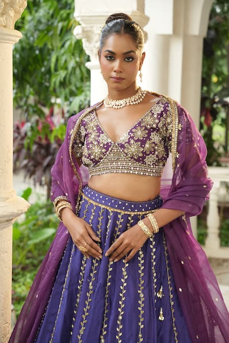 Buy_Enamour By Radha_Purple Silk, Organza Mirrors, Sequins, Beads, Embroidery, Floral Lehenga Set _Online_at_Aza_Fashions