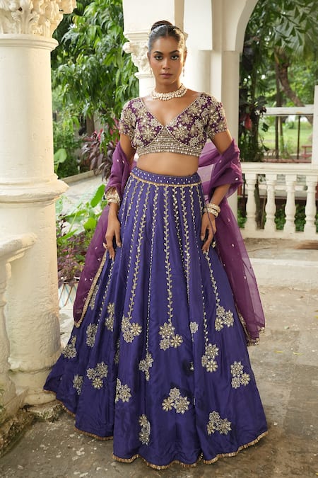 Enamour By Radha_Purple Silk, Organza Mirrors, Sequins, Beads, Embroidery, Floral Lehenga Set _at_Aza_Fashions