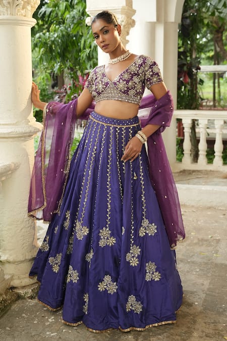 Buy_Enamour By Radha_Purple Silk, Organza Mirrors, Sequins, Beads, Embroidery, Floral Lehenga Set 