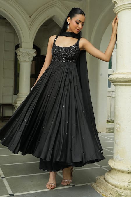 Enamour By Radha_Black Silk, Chinon, Chiffon Sequins, Beads, Embroidery Round Tonal Anarkali Set _at_Aza_Fashions