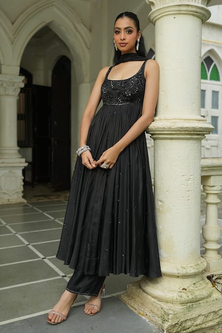 Buy_Enamour By Radha_Black Silk, Chinon, Chiffon Sequins, Beads, Embroidery Round Tonal Anarkali Set 