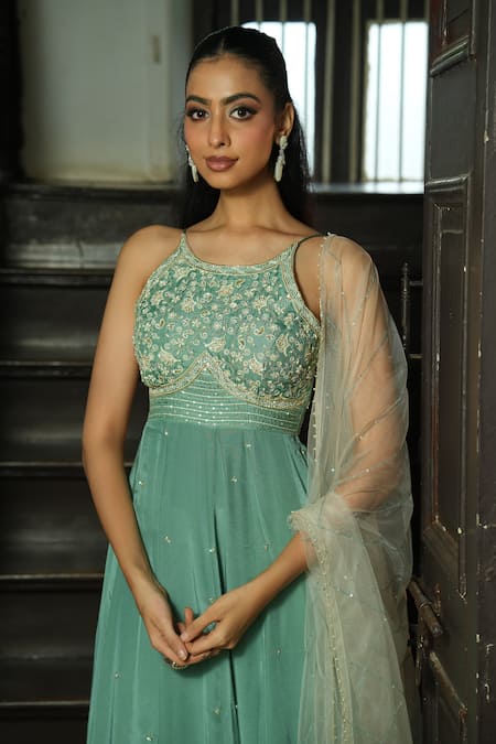 Enamour By Radha_Green Silk, Net Embroidery, Beads, Sequins, Pearls Round Strappy Anarkali Set _Online_at_Aza_Fashions