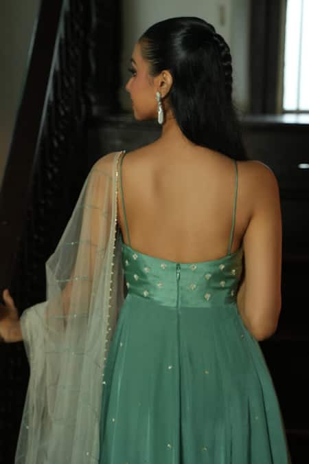 Buy_Enamour By Radha_Green Silk, Net Embroidery, Beads, Sequins, Pearls Round Strappy Anarkali Set _Online_at_Aza_Fashions