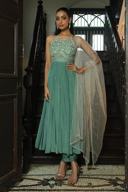 Shop_Enamour By Radha_Green Silk, Net Embroidery, Beads, Sequins, Pearls Round Strappy Anarkali Set _Online_at_Aza_Fashions