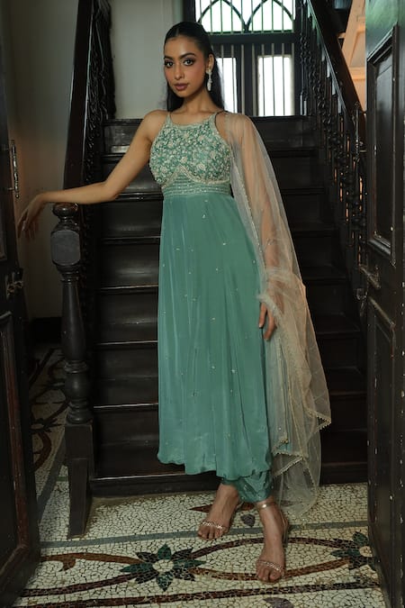 Enamour By Radha_Green Silk, Net Embroidery, Beads, Sequins, Pearls Round Strappy Anarkali Set _at_Aza_Fashions