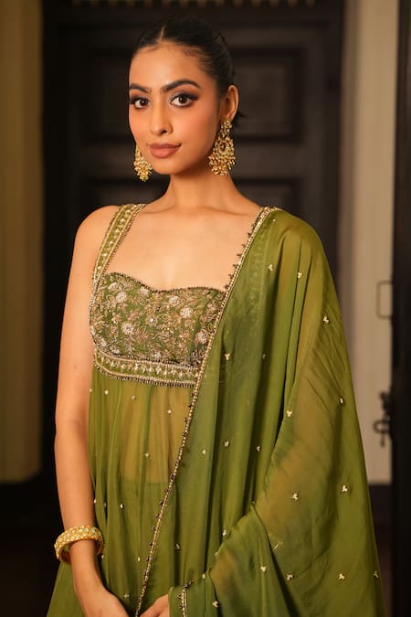 Shop_Enamour By Radha_Mint Silk, Organza, Viscose Embroidery, Beads, Mehendi Anarkali Sharara Set _Online_at_Aza_Fashions