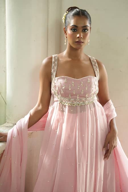 Enamour By Radha_Pink Silk, Organza, Viscose Pearls, Beads Embroidered Anarkali Sharara Set _Online_at_Aza_Fashions