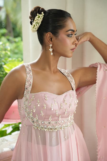 Shop_Enamour By Radha_Pink Silk, Organza, Viscose Pearls, Beads Embroidered Anarkali Sharara Set _Online_at_Aza_Fashions