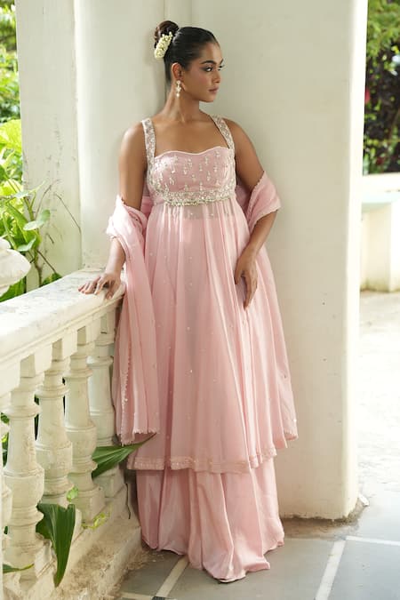 Enamour By Radha_Pink Silk, Organza, Viscose Pearls, Beads Embroidered Anarkali Sharara Set _at_Aza_Fashions