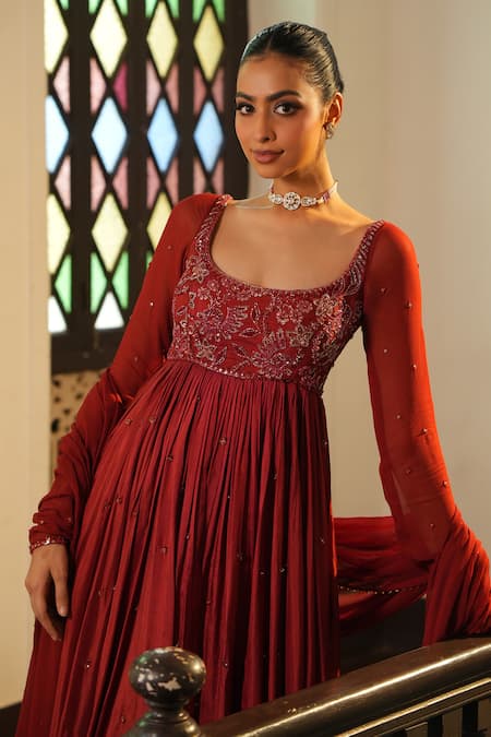 Buy_Enamour By Radha_Orange Silk, Georgette Sequins, Beads, Embroidery Square Tonal Anarkali Set 