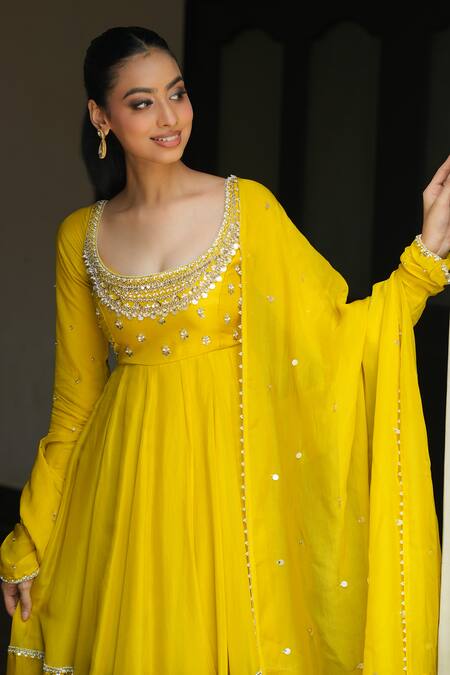 Shop_Enamour By Radha_Yellow , , Viscose, Pearls, Yoke Anarkali Pant Set _Online_at_Aza_Fashions