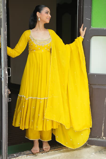 Enamour By Radha_Yellow , , Viscose, Pearls, Yoke Anarkali Pant Set _at_Aza_Fashions