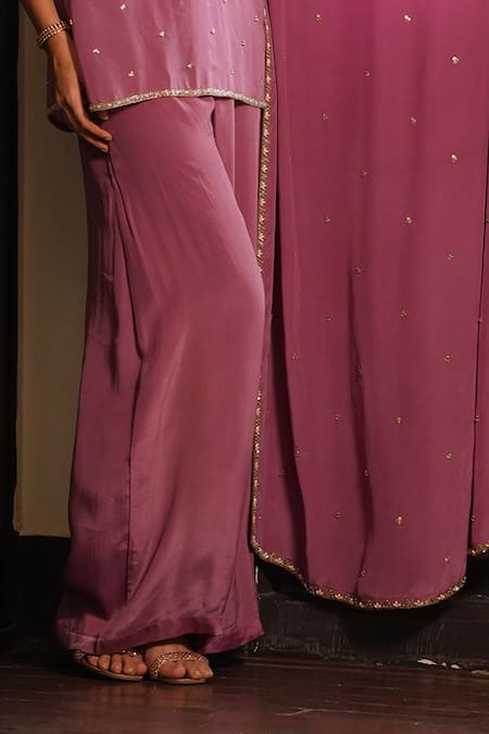 Enamour By Radha_Pink Crepe, Silk Pearls, Beads, Sequins, Embroidery Strappy Kurta Palazzo Set _Online_at_Aza_Fashions