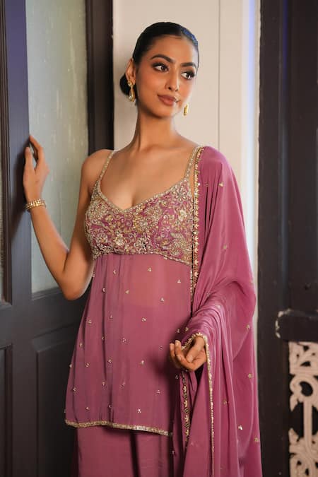 Buy_Enamour By Radha_Pink Crepe, Silk Pearls, Beads, Sequins, Embroidery Strappy Kurta Palazzo Set _Online_at_Aza_Fashions