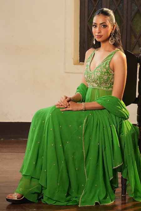 Shop_Enamour By Radha_Green Georgette, Silk Beads, Pearls, Embroidered In-cut Anarkali Sharara Set _Online_at_Aza_Fashions