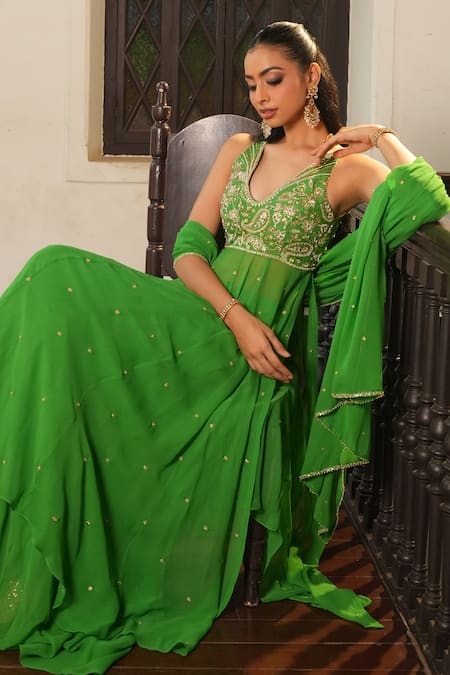 Enamour By Radha_Green Georgette, Silk Beads, Pearls, Embroidered In-cut Anarkali Sharara Set _at_Aza_Fashions