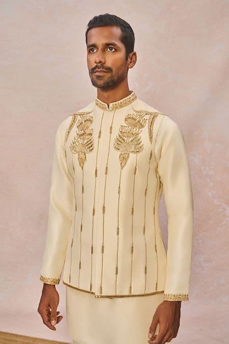 Masaba_Ivory Dupion, Silk Zari, Beads, Pehli Kiran Embellished Bundi Kurta Set _Online_at_Aza_Fashions